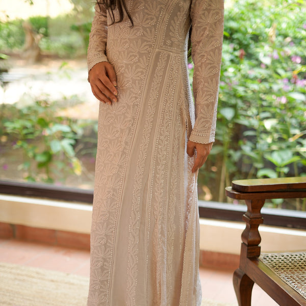 06SJ Jabili Chikankari Side Slit Anarkali Kurti Pant Set