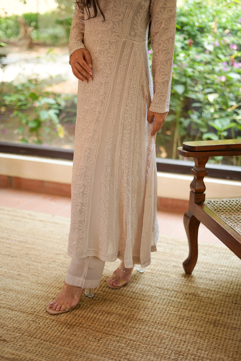 06SJ Jabili Chikankari Side Slit Anarkali Kurti Pant Set