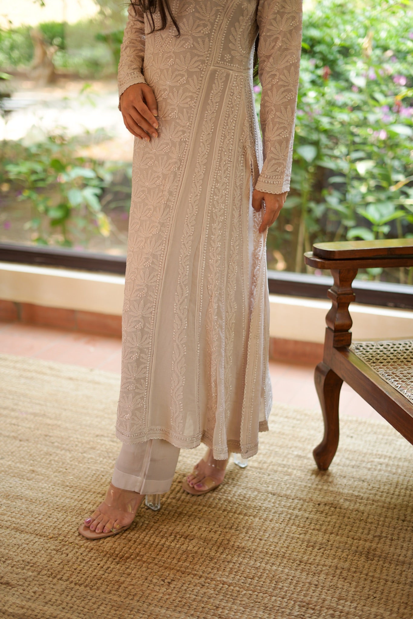 06SJ Jabili Chikankari Side Slit Anarkali Kurti Pant Set