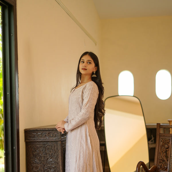 06SJ Jabili Chikankari Side Slit Anarkali Kurti Pant Set