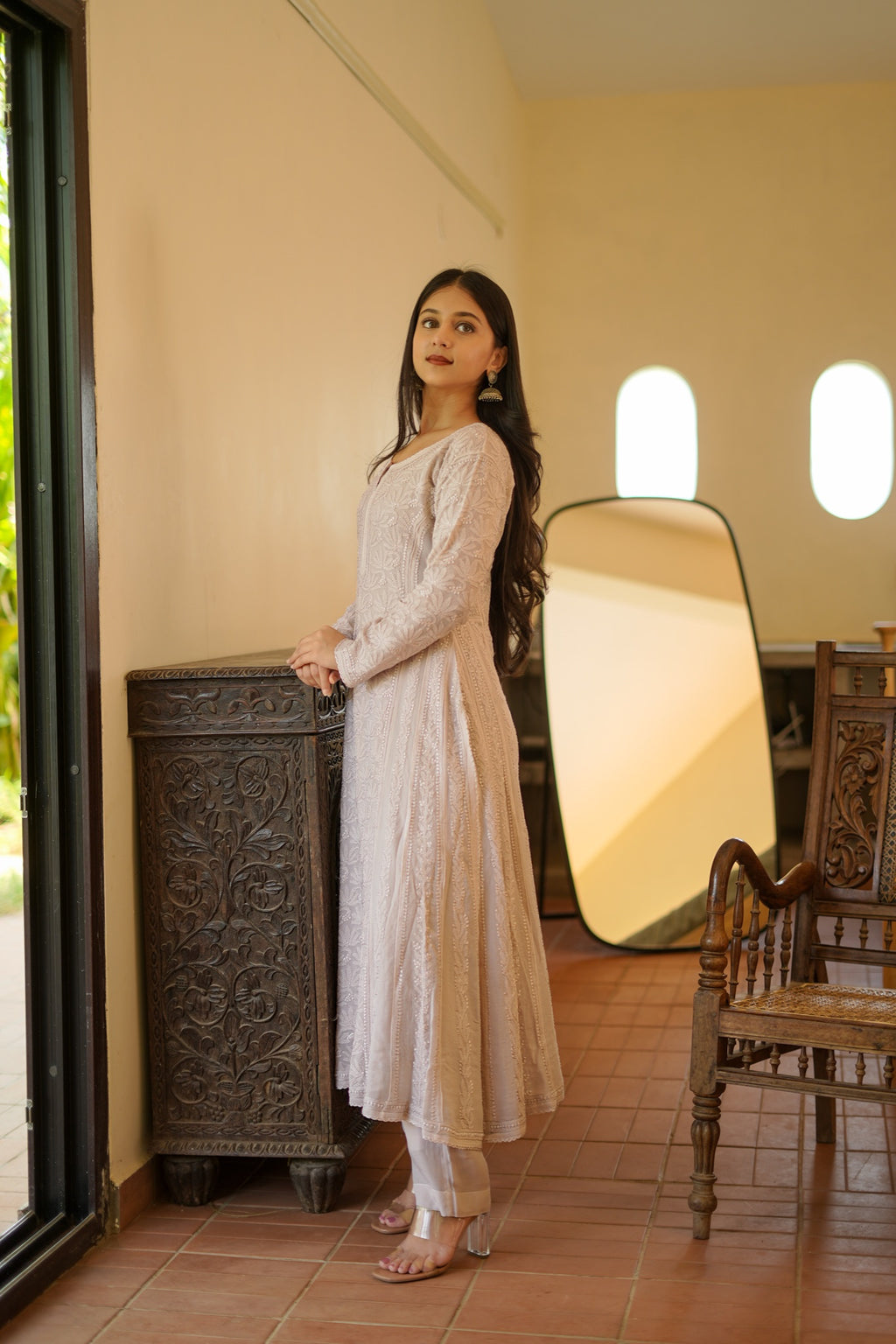 06SJ Jabili Chikankari Side Slit Anarkali Kurti Pant Set
